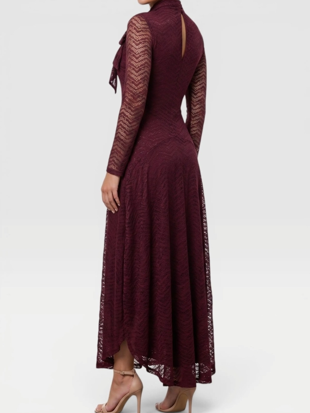 RACHEL Rachel Roy Burgundy Lace Maxi Dress with Neck Tie Beatrice Long Sleeve - Picture 2 of 9